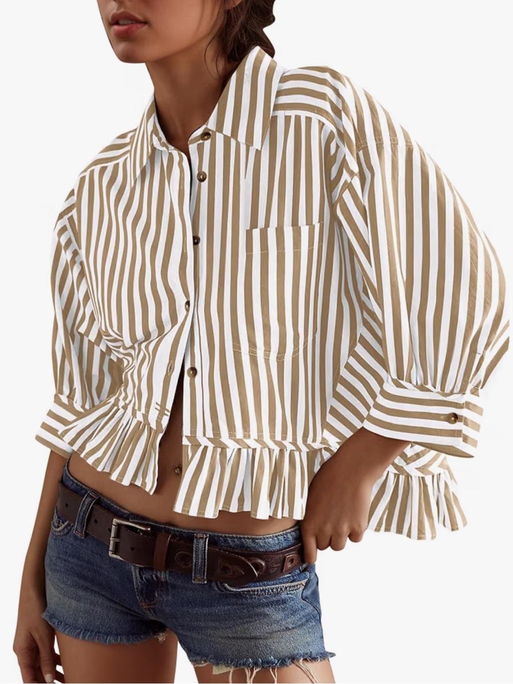 Amazon Striped Ruffle Hem Button-Down Shirt - blue and brown